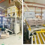 15 KG ağırlığında taxta qranullar, doldurma torbaları Paletləmə xətti çatdırılmağa hazırdır